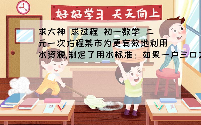 求大神 求过程 初一数学 二元一次方程某市为更有效地利用水资源,制定了用水标准：如果一户三口之家每月用水量不超过M立方米,按每立方米水1.30元收费；如果超过M立方米,超过部分按每立