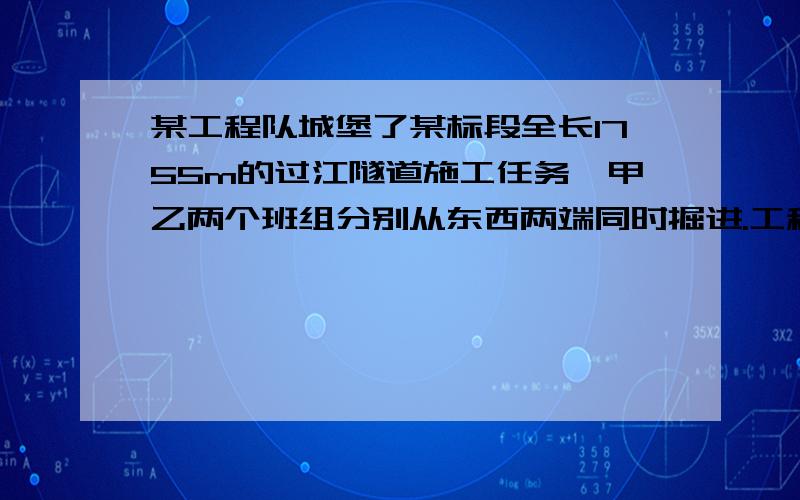 某工程队城堡了某标段全长1755m的过江隧道施工任务,甲乙两个班组分别从东西两端同时掘进.工程队承包了某标段全长1755m的过江隧道施工任务,甲,乙两个班组分别从东,西两端同时掘进.已知甲