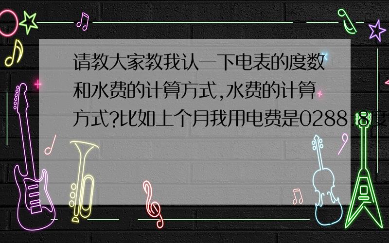 请教大家教我认一下电表的度数和水费的计算方式,水费的计算方式?比如上个月我用电费是0288.8度电（平均1元钱一度电）,而这个月我用电费的度数是0314.1度点,请问下我这个月用了多少度电,