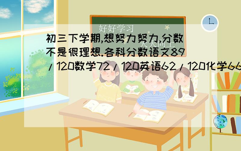 初三下学期,想努力努力,分数不是很理想.各科分数语文89/120数学72/120英语62/120化学66/100物理56/100历史78/100政治56/100生物13/30地理19/30 这是这是我们市调研考试,出奇的难.说实话分这分也是我也