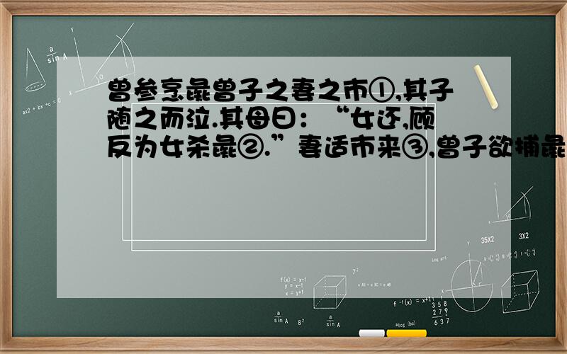 曾参烹彘曾子之妻之市①,其子随之而泣.其母曰：“女还,顾反为女杀彘②.”妻适市来③,曾子欲捕彘杀之.妻止之曰：“特与婴儿戏耳④.”曾子曰：“婴儿非与戏也⑤.婴儿非有知也,待父母而