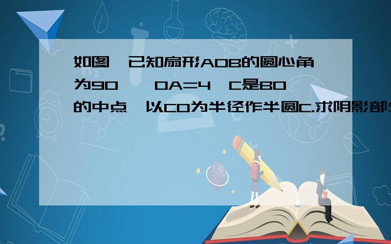 如图,已知扇形AOB的圆心角为90°,OA=4,C是BO的中点,以CO为半径作半圆C.求阴影部分面积S.