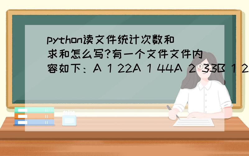 python读文件统计次数和求和怎么写?有一个文件文件内容如下：A 1 22A 1 44A 2 33B 1 22B 3 44B 4 55C 1 11C 4 22.文件中有三列第一列代表ID,第二列代表类型,第三列代表价格,类型和价格均不固定我现在想