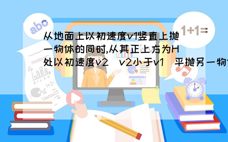 从地面上以初速度v1竖直上抛一物体的同时,从其正上方为H处以初速度v2（v2小于v1）平抛另一物体,求两物体最短距离.（想要一个细致点的解答,最好有图）谢谢