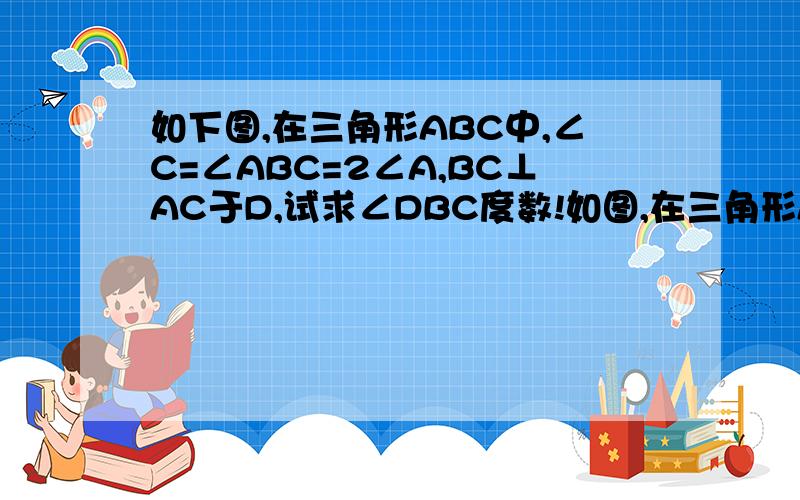 如下图,在三角形ABC中,∠C=∠ABC=2∠A,BC⊥AC于D,试求∠DBC度数!如图,在三角形ABC中,∠C=∠ABC=2∠A,BD⊥AC于D,试求∠DBC度数! 过程,∵……∴……