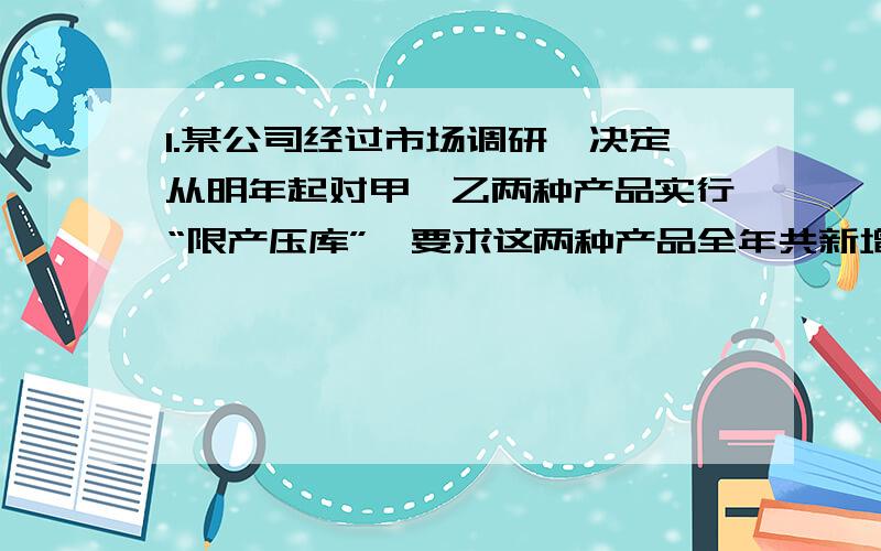 1.某公司经过市场调研,决定从明年起对甲、乙两种产品实行“限产压库”,要求这两种产品全年共新增产量20件,这20件的总产值P（万元）满足：1100＜P＜1200.已知有关数据如下表所示,那么该公