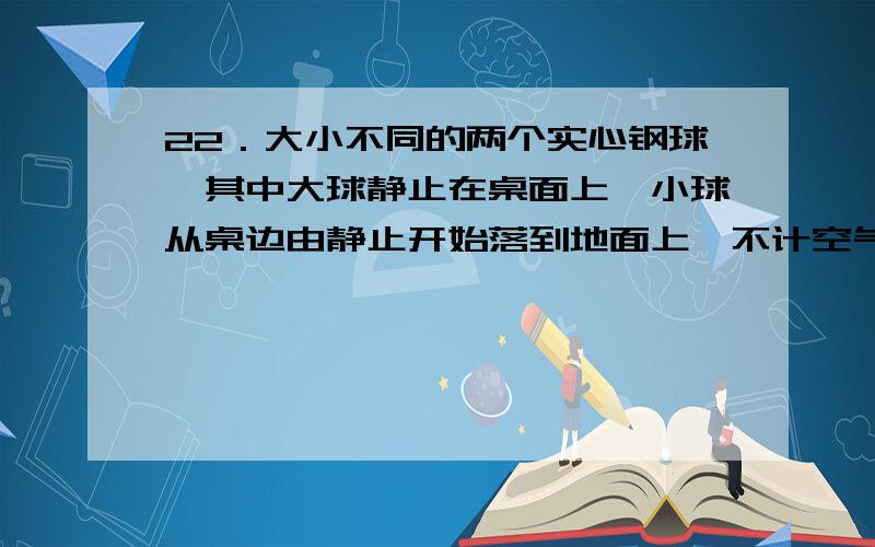 22．大小不同的两个实心钢球,其中大球静止在桌面上,小球从桌边由静止开始落到地面上,不计空气阻力,那么A．小球的势能始终大于大球的势能B．大球的势能始终大于小球的势能C．小球的机