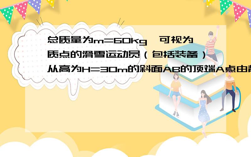 总质量为m=60kg、可视为质点的滑雪运动员（包括装备）从高为H=30m的斜面AB的顶端A点由静止开始沿斜面下滑,在底点B处进入四分之一圆弧轨道BC,园弧半径R=5m.运动员在C点沿竖直方向冲出轨道,