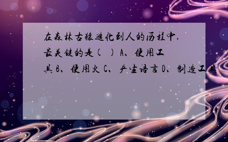 在森林古猿进化到人的历程中,最关键的是( ) A、使用工具 B、使用火 C、产生语言 D、制造工具