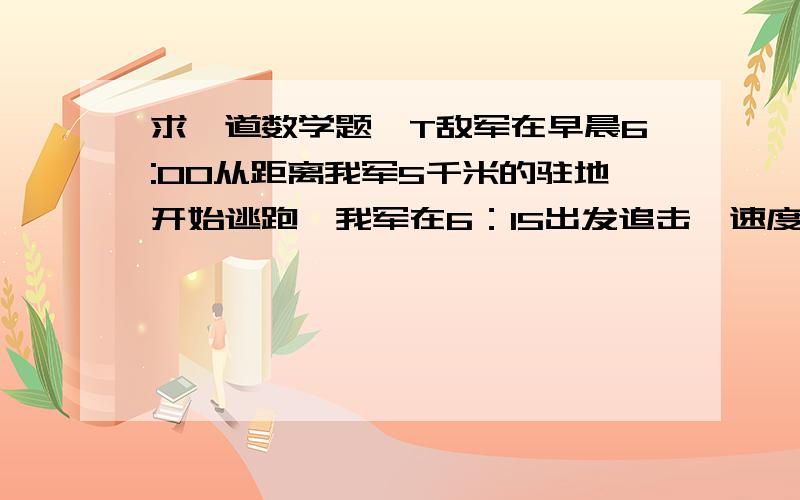 求一道数学题,T敌军在早晨6:00从距离我军5千米的驻地开始逃跑,我军在6：15出发追击,速度是敌军的1.5倍,结果在8:00追上敌军,我军追击的速度是多少?列方程解应用题