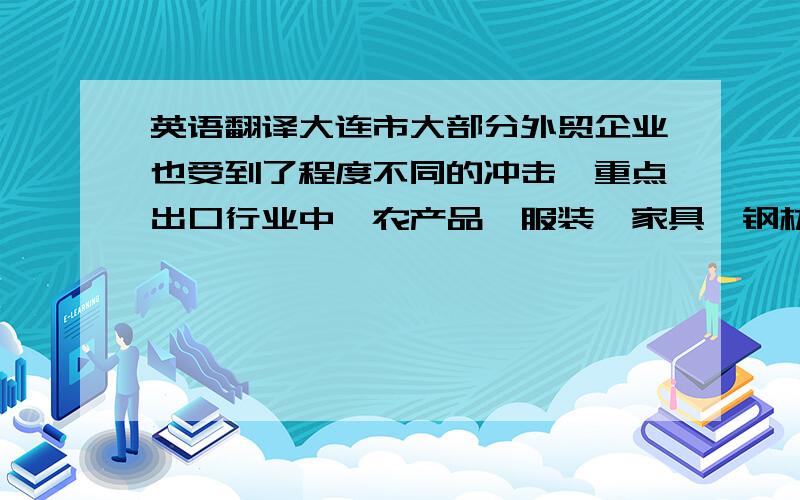 英语翻译大连市大部分外贸企业也受到了程度不同的冲击,重点出口行业中,农产品、服装、家具、钢材、汽车零件等行业出口增幅同比都有所下降.外部的大环境影响了内部的小环境,怎样做才