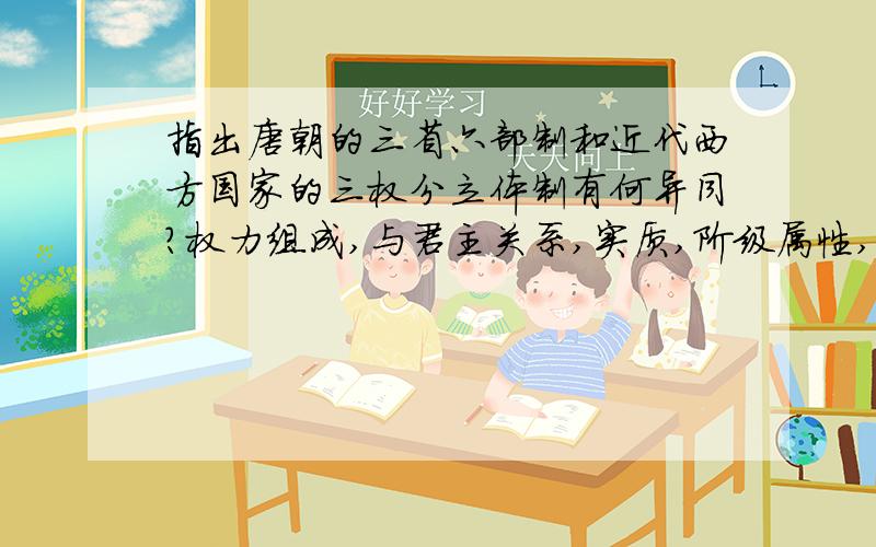 指出唐朝的三省六部制和近代西方国家的三权分立体制有何异同?权力组成,与君主关系,实质,阶级属性,意义.来分析