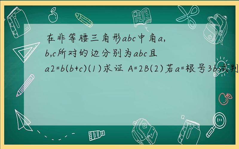 在非等腰三角形abc中角a,b,c所对的边分别为abc且a2=b(b+c)(1)求证 A=2B(2)若a=根号3b试判断三角形ABC的形状