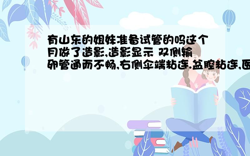 有山东的姐妹准备试管的吗这个月做了造影,造影显示 双侧输卵管通而不畅,右侧伞端粘连.盆腔粘连,医生的建议是试管,我自己也算计了下,就算做腹腔镜之类的也要1万多块,而且成功率也不是