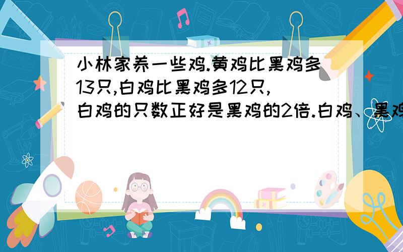 小林家养一些鸡.黄鸡比黑鸡多13只,白鸡比黑鸡多12只,白鸡的只数正好是黑鸡的2倍.白鸡、黑鸡、黄鸡、各有多少只?小龙到奶奶家,如果来去都乘车要用的时间是18分钟,后来改为去时乘车,回来