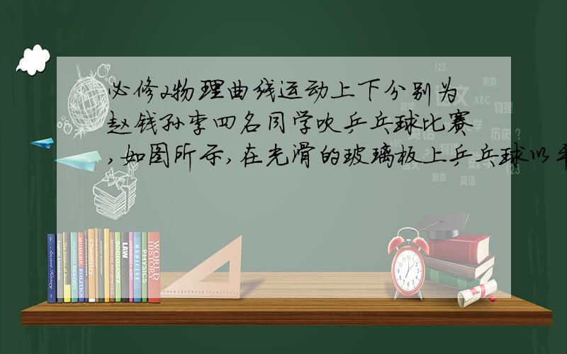 必修2物理曲线运动上下分别为赵钱孙李四名同学吹乒乓球比赛,如图所示,在光滑的玻璃板上乒乓球以平行于AB的速度由A向B运动,要求参赛者在角B处用细管吹气,将乒乓球吹进角C处的圆圈中,哪