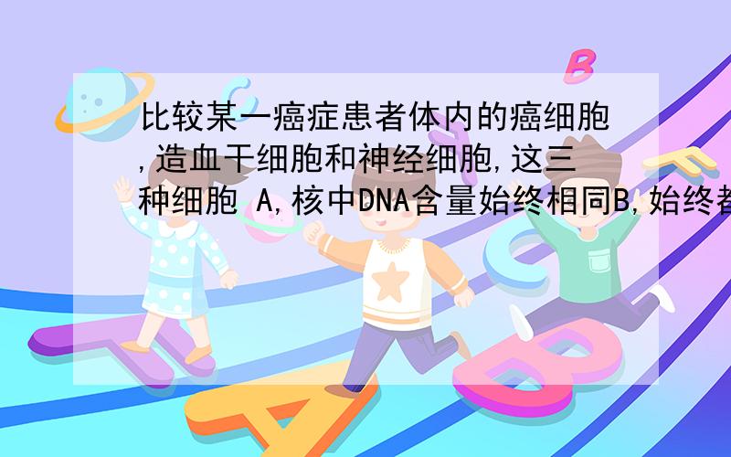 比较某一癌症患者体内的癌细胞,造血干细胞和神经细胞,这三种细胞 A,核中DNA含量始终相同B,始终都在进行转录和翻译C,具有长短不一的细胞周期D,细胞核基因遗传信息相同