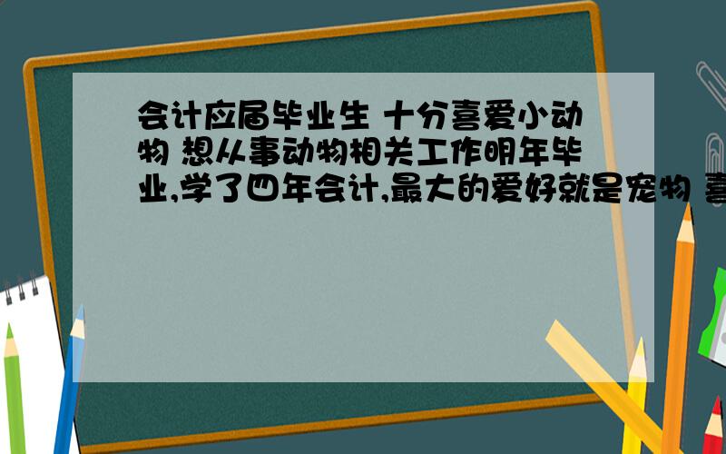 会计应届毕业生 十分喜爱小动物 想从事动物相关工作明年毕业,学了四年会计,最大的爱好就是宠物 喜欢饲养各种小动物但是学的专业却不是生物相关想开宠物店没本钱去宠物店打工又赚的