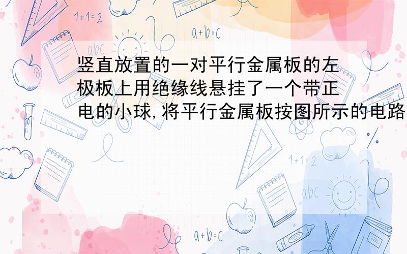 竖直放置的一对平行金属板的左极板上用绝缘线悬挂了一个带正电的小球,将平行金属板按图所示的电路图连接.绝缘线与左极板的夹角为θ.当滑动变阻器R的滑片在a位置时,电流表的读数为I1,