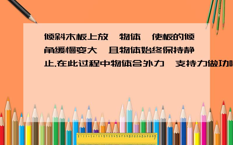 倾斜木板上放一物体,使板的倾角缓慢变大,且物体始终保持静止.在此过程中物体合外力、支持力做功吗?RT,请解释原因.缓慢变大物体不是还是有运动的时候吗?为什么说它始终保持静止?