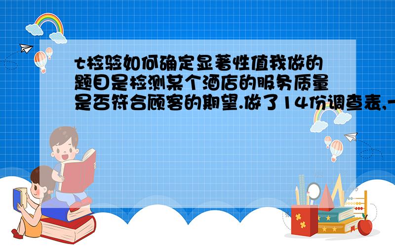 t检验如何确定显著性值我做的题目是检测某个酒店的服务质量是否符合顾客的期望.做了14份调查表,一份调查表包括顾客对酒店的期望值和对酒店实际的评价值,分别包含22个问题,所以一共是4