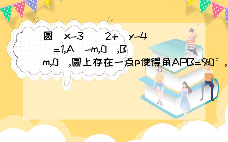 圆(x-3)^2+(y-4)^=1,A(-m,0),B(m,0),圆上存在一点p使得角APB=90°,求M最大值圆（x-3）^2+（y-4）^=1,A(-m,0),B(m,0),圆上存在一点p使得角APB=90°,求M最大值