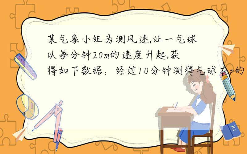 某气象小组为测风速,让一气球以每分钟20m的速度升起,获得如下数据：经过10分钟测得气球在p的东偏南10度,仰角为45度,测得在p的东偏北20度,仰角为60度,则风速为?