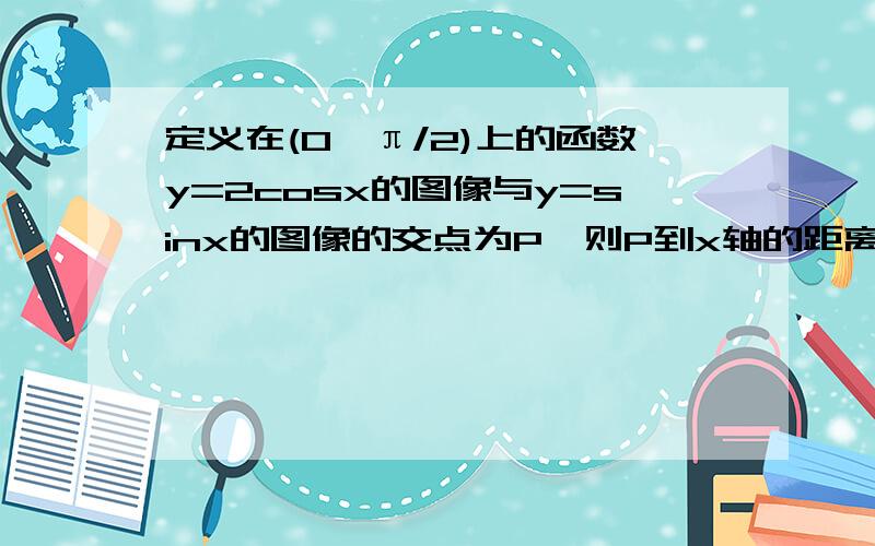 定义在(0,π/2)上的函数y=2cosx的图像与y=sinx的图像的交点为P,则P到x轴的距离为