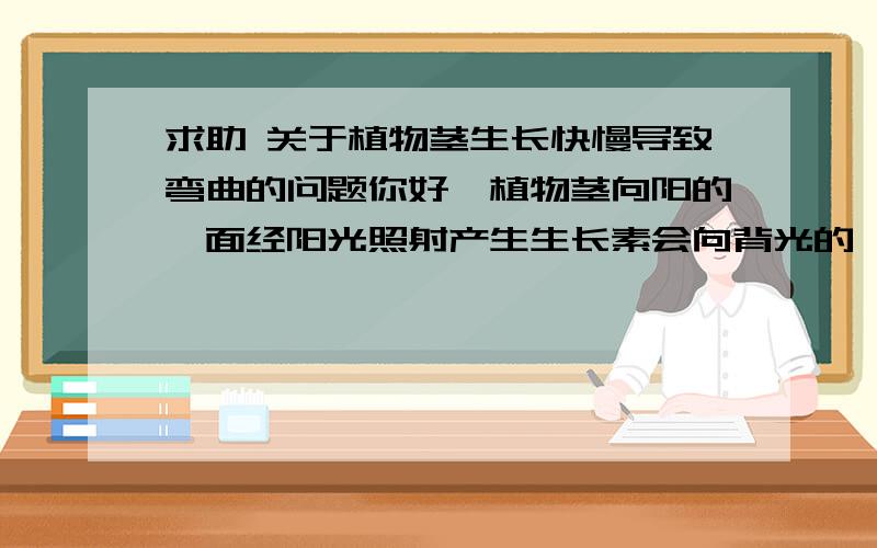 求助 关于植物茎生长快慢导致弯曲的问题你好,植物茎向阳的一面经阳光照射产生生长素会向背光的一面移动,导致背光的一面生长素较多,使背光的那面长的比向阳的这边快,从而导致植物茎