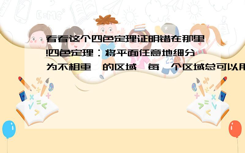 看看这个四色定理证明错在那里!四色定理：将平面任意地细分为不相重迭的区域,每一个区域总可以用1,2,3,4这四个数字之一来标记,而不会使相邻的两个区域得到相同的数字,即至多存在四个