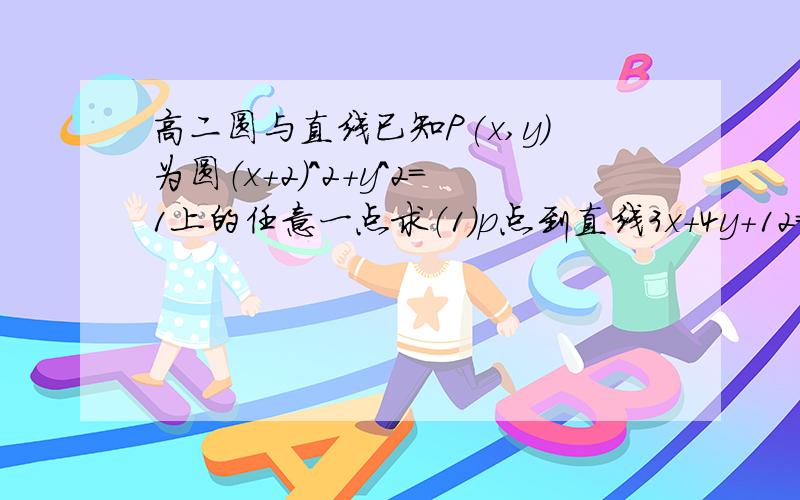 高二圆与直线已知P(x,y）为圆（x+2)^2+y^2=1上的任意一点求（1）p点到直线3x+4y+12=0的距离的最大值和最小值（2）x-2y的最大值和最小值（3）（y-2）/（x-1)的最大值和最小值