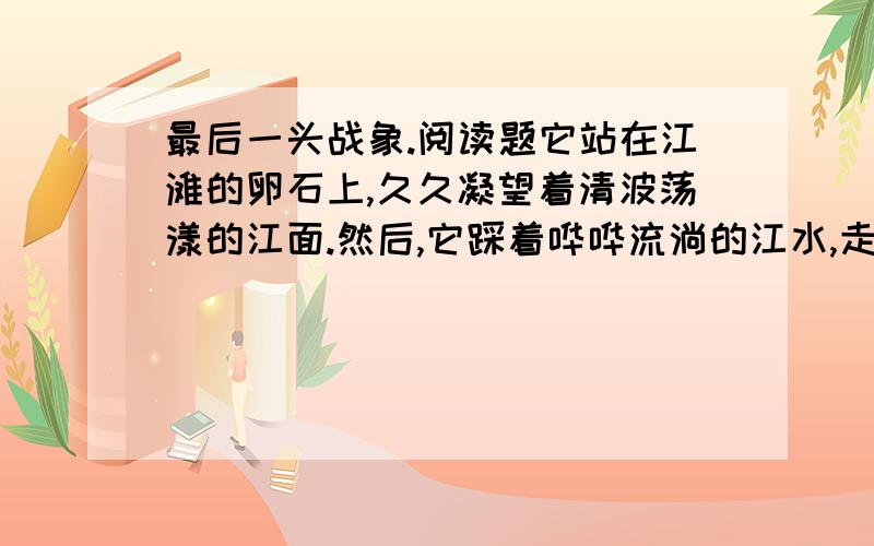 最后一头战象.阅读题它站在江滩的卵石上,久久凝望着清波荡漾的江面.然后,它踩着哗哗流淌的江水,走到一块龟形礁石上亲了又亲,许久,又昂起头来,向着天边那轮火红的朝阳,欧——欧——发