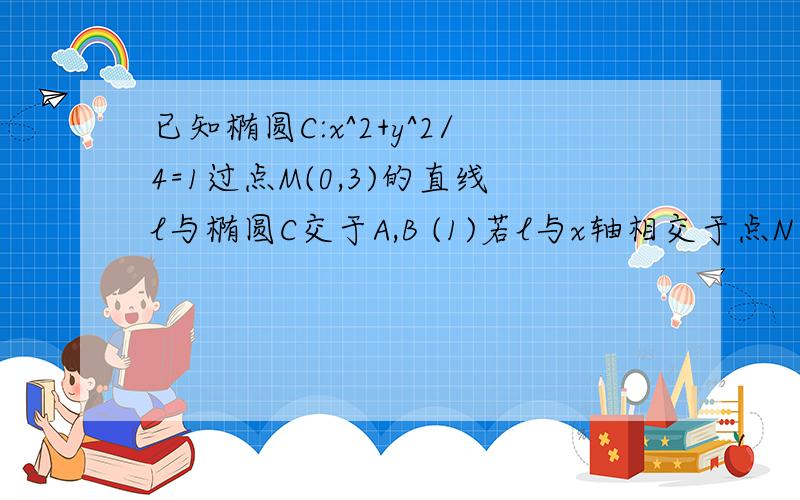 已知椭圆C:x^2+y^2/4=1过点M(0,3)的直线l与椭圆C交于A,B (1)若l与x轴相交于点N且A是MN中点求直线l的方程设p为椭圆上一点,且向量OA+OB=λOP(都是向量)（O为坐标原点）求当|AB|最后的k 是λ 打错了