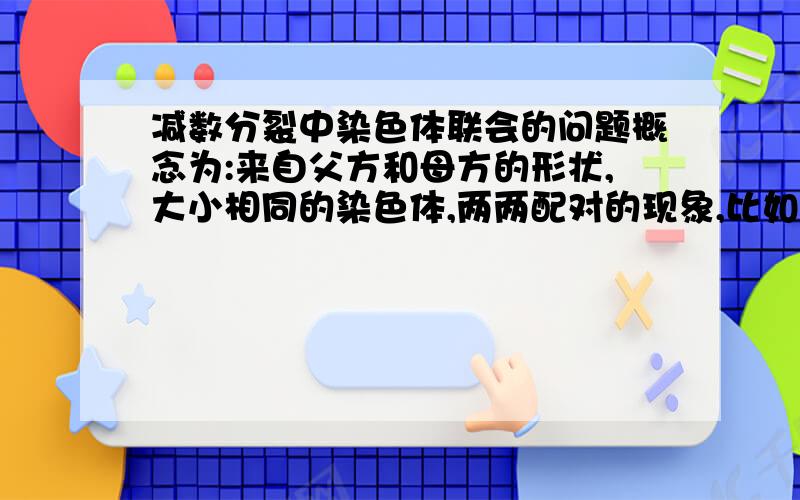 减数分裂中染色体联会的问题概念为:来自父方和母方的形状,大小相同的染色体,两两配对的现象,比如说精原细胞发生减数分裂第一次的时候就有联会.那这里的来自父方和母方是怎么解释的