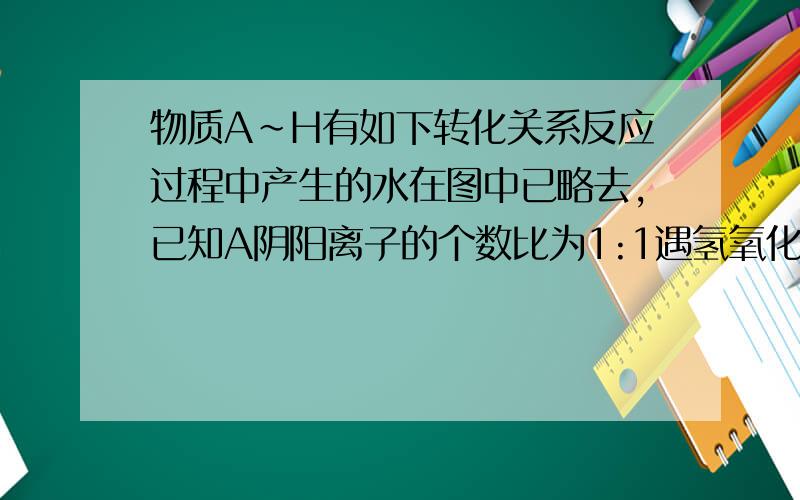 物质A~H有如下转化关系反应过程中产生的水在图中已略去,已知A阴阳离子的个数比为1:1遇氢氧化钡能形成不溶于盐酸的白色沉淀,A与G,c与D,F与H的元素组成分别相同,G和KScN溶液混合后显红色