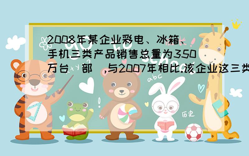 2008年某企业彩电、冰箱、手机三类产品销售总量为350万台（部）,与2007年相比.该企业这三类产品销售总量增长了40%.（1）求2007年该企业彩电、冰箱、手机三类产品销售总量为多少万台（部）