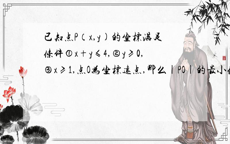 已知点P（x,y)的坐标满足条件①x+y≤4,②y≥0,③x≥1,点O为坐标远点,那么|PO|的最小值和最大值分别是多少?（给下步骤,