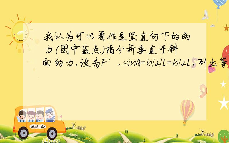 我认为可以看作是竖直向下的两力（图中蓝点）指分析垂直于斜面的力,设为F’,sinA=b/2/L=b/2L,列出等式F’/F=sinAF’=Fb/2L F”=2F’=Fb/L（原图没有带蓝点的两个力,是我加上的）我为什么和答案酸