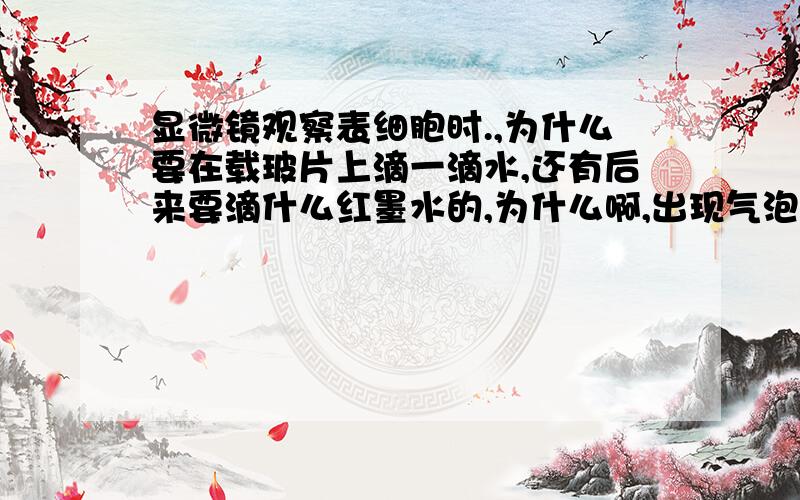 显微镜观察表细胞时.,为什么要在载玻片上滴一滴水,还有后来要滴什么红墨水的,为什么啊,出现气泡为什么是黑的