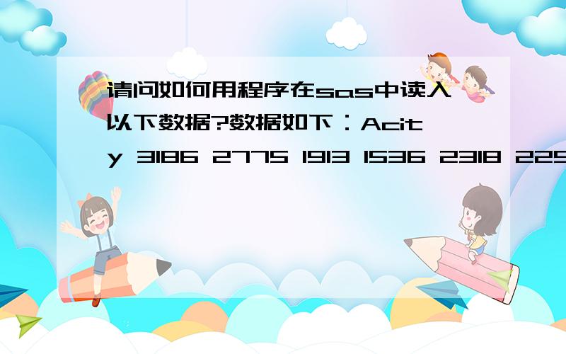 请问如何用程序在sas中读入以下数据?数据如下：Acity 3186 2775 1913 1536 2318 2254 1948 2131 3261 20663389 1961 2468 1853 2411 1864 1908 2524 2816 1668Bcity 994 1362 1176 1525 1441 1077 1847 1990 12211045 1379 1128 1182 3124 1769 213