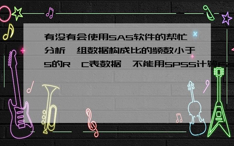 有没有会使用SAS软件的帮忙分析一组数据构成比的频数小于5的R*C表数据,不能用SPSS计算Fisher确切概率法,SAS软件在网上很难下到,而且就算下了我也一时很难学会,所以想请会SAS软件的同志帮忙