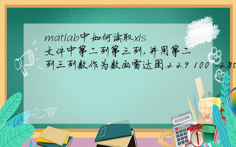 matlab中如何读取xls文件中第二列第三列,并用第二列三列数作为数画雷达图.2 2.9 100 -2.855942484 0.503579715 8 4.2 89 -4.19936032 -0.073300107 14 5.3 165 -1.371740939 5.119406879 20 6.9 174 -0.721246397 6.862201078 26 7.5 298