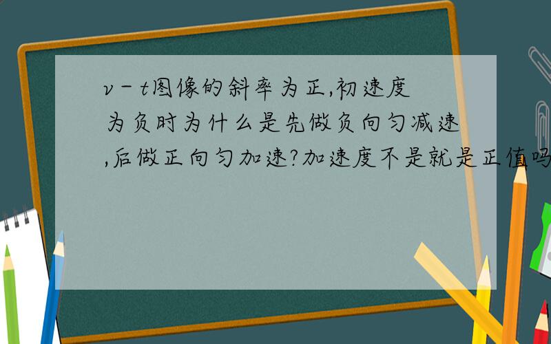 v－t图像的斜率为正,初速度为负时为什么是先做负向匀减速,后做正向匀加速?加速度不是就是正值吗应该一直是正向啊