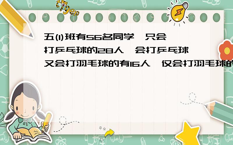 五(1)班有56名同学,只会打乒乓球的28人,会打乒乓球又会打羽毛球的有16人,仅会打羽毛球的有多少人?