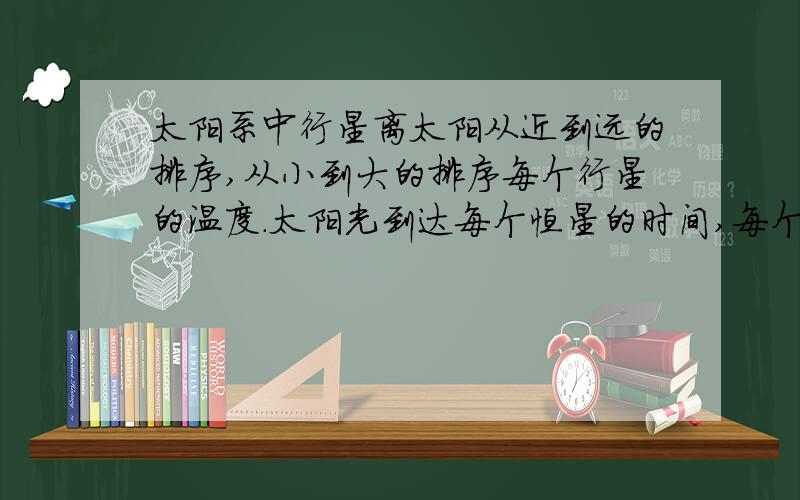 太阳系中行星离太阳从近到远的排序,从小到大的排序每个行星的温度.太阳光到达每个恒星的时间,每个恒星的体积是地球的几倍