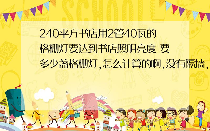 240平方书店用2管40瓦的格栅灯要达到书店照明亮度 要多少盏格栅灯,怎么计算的啊,没有隔墙,四周有2.2米高书柜,2米,有两个1.8*2.4的大门 ,没有窗,怎么计算的啊 哪位大仙帮下,