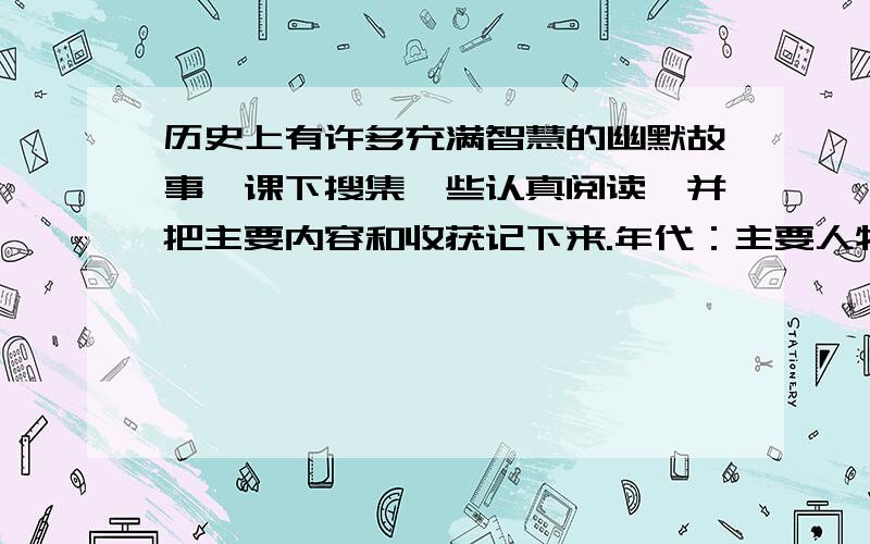 历史上有许多充满智慧的幽默故事,课下搜集一些认真阅读,并把主要内容和收获记下来.年代：主要人物：主要内容：我的收获：