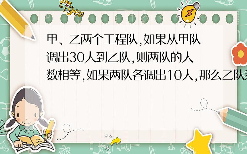 甲、乙两个工程队,如果从甲队调出30人到乙队,则两队的人数相等,如果两队各调出10人,那么乙队剩下的人（续上）是甲队剩下人数的25％,原来两队共有?人今晚就要不要使用两元一次方，列式