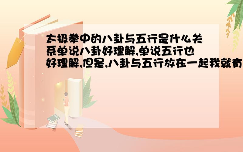 太极拳中的八卦与五行是什么关系单说八卦好理解,单说五行也好理解,但是,八卦与五行放在一起我就有些搞不清楚了.尤其是把这二者与太极拳放在一起,就更糊涂了.请问,太极拳里,五行怎么