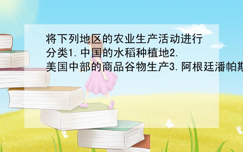 将下列地区的农业生产活动进行分类1.中国的水稻种植地2.美国中部的商品谷物生产3.阿根廷潘帕斯草原的牧牛业4.马来西亚的橡胶种植园5.蒙古的游牧业6.澳大利亚墨嘞—达令盆地的小麦种植